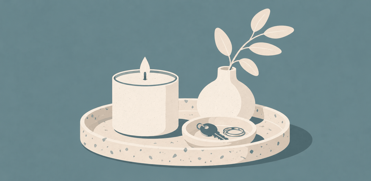Jesmonite tray styled with a candle and jewelry on a wooden table