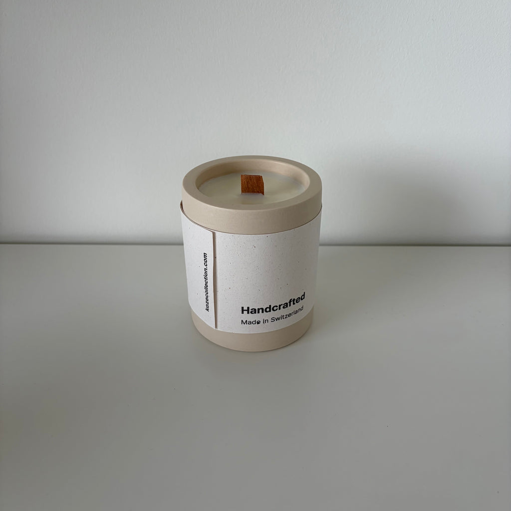 Origin Forest Walk candle with its Koze label, jesmonite pot and natural soy wax, in beige